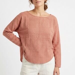 Po-Em Blouse Women XS Red Striped Beige Cotton Long Sleeve Round Neck Curved Hem